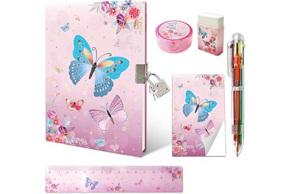 Journal Intime Fille Secret, Ensemble de Papeterie Enfant Comprend Papillon Carnet Secret Fille avec Cadenas Bloc-notes Gomme Taille-crayon Règle & 6 Couleur Stylo Cahier Secret Cadeau Fille 6-10 Ans