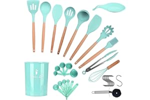 ONATISMAGIN Kitchen Utensils Set, 35pcs Non-Stick Silicone Cooking Utensils Set, Heat Resistance Cooking Tools, Kitchen Tools Gadgets Accessories, Spoons Spatula Set with Wooden Handle (Dark Green)