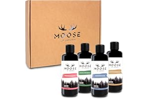 ‎MOOSE OF LAPONIA Moose of Laponia – Saunaaufguss Set mit 4 Flaschen je 100 ml, Düfte "Winterpoesie", Hochlandseele", Nordwindquelle" und "Knospenhauch" - veredelte Premium-Saunadüfte made in Germany