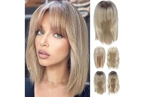 PARXITN Topper per capelli sintetici da donna, 45 cm, con frangia, capelli dritti, per capelli sottili, balayage biondo