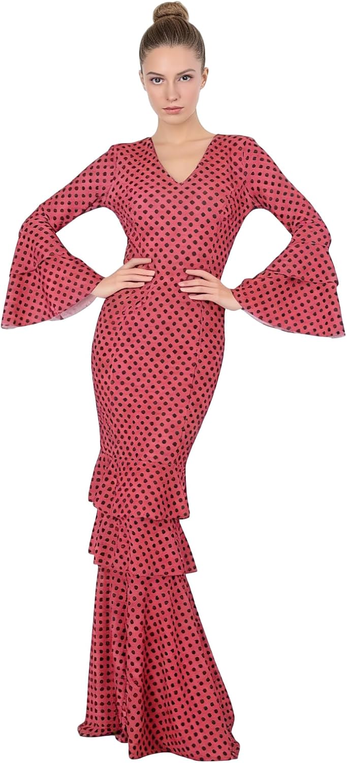 Vestido Flamenco Mujer Largo - Sevillana Adulto con Lunares y Mangas Acampanadas - Traje Andaluz Elegante para Feria y Baile