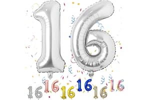 FUNHOT Silver Number 16 Balloons, 16th Birthday Balloon, 40inch Silver 16 Balloon Numbers, Large Self Inflating Foil Balloon, 16th Birthday Decorations for Birthday Party, 16 Anniversary Decorations