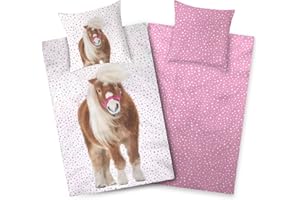 ‎AMINATA KIDS Aminata kids Bettwäsche 135x200 Mädchen Pferd Biber Baumwolle Pferde-Motiv, Reißverschluss warm & kuschelig, Flanell-Winter-Bettwäsche-Set - Wendebettwäsche Pony