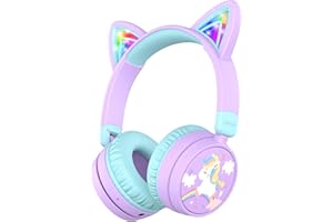 iClever Słuchawki Bluetooth dla dzieci, czas odtwarzania 60 h, podświetlane LED kocie ucho, bezpieczna głośność 74/85dBA, Bluetooth 5.3, ładowanie USB C, bezprzewodowe słuchawki dla dzieci, wbudowany