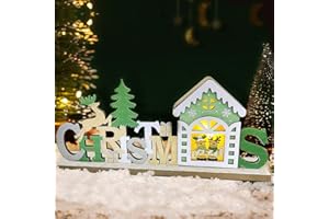 BSEICAL Wooden Christmas Decorations to Decorate, Christmas Ornaments Light Up LED Christmas Decorations, Christmas Decor Tabletop Letters Table Centerpiece Wood Xmas Scene Decoration Village Home Window (A)