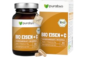 ‎PURABYO BIO Eisen aus Curryblatt mit 40 mg natürlichem Vitamin C aus BIO Acerola | im Glas | Eisen mit 100% NRV | Nur 1 Kapsel täglich | vegan, laborgeprüft und in Deutschland hergestellt