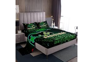 LOUSSIESD Gamer Bed Sheets Gaming Xmas Merry Christmas Bedding Sheet Video Game Gamepad Bedding Set for Boys Girls Children Teens Gamer Console Green Bed Sheet Set King Size