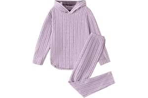 Xumplo Girls 2 Pieces Outfits Kids Ribbed Hoodie Tops and Leggings Pants Set Tween Girls Grey Clothes Set 5-12Y