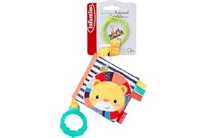 Infantino Multicoloured Fabric Crinkle Book - Scrunching Page Sounds, Round Teether, Squeaker, Animal Themed - Ages 6 Months +