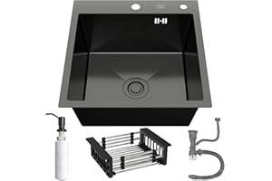 ANW HOME Fregadero de Cocina Graphite 50x50 cm con Sifón, Escurridor de Cestillo y Dispensador de Jabón de 350 ml, Fregadero de Cocina de Acero Inoxidable 304 con 2 Agujeros para Grifo