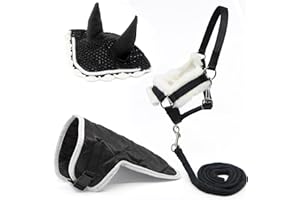 HOBBY HORSE LAND Ensemble d'accessoires Noir et Blanc pour Hobby Horse et Cheval bâton : Licol moumoute Noir avec Longe + Couverture Noire + Bonnet Anti-Mouches Noir