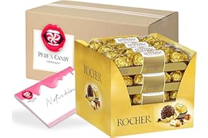 ‎PERE’S CANDY Pere's Candy® Bundle für Rocher Thekendisplay 16x4(800g) Nuss-Pralinen knuspriger Waffel zarter Milchschokolade Haselnusscreme Füllung + Pere's Candy Notepad DIN A7-25 Blatt