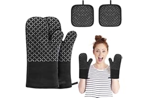‎PHANTASY Phantasy® Ofenhandschuh und Topflappen Set, 260℃ Hitzebeständige Topfhandschuhe mit Silikon Linien Anti-Rutsch Design, Topflappen Handschuh für Küche, Backofen, Mikrowelle, Rhombic