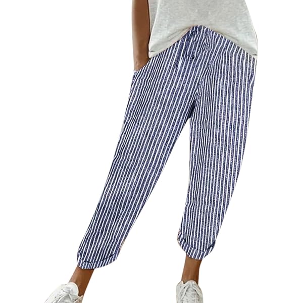 Voqeen Pantalon Été Femme Fluide Rayé Taille Élastique Avec Poches - Confort Vacances Plage