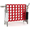 GYMAX Giant 4 in a Row Game, Jumbo 4 to Score Garden Games with 42 Rings, Basketball Hoop, Ring Game & Quick-Release Slider, Outdoor Four in a Row Toys for Kids Adults Family (Grey)