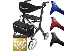 ‎BESCOMEDICAL Super Lightweight Aluminium Folding Lightweight Rollator Besco Medical Carbon (4.8 kg) and Stable Folding Landing Net And Bag Cane Holder, Removable Belt And Large Seat