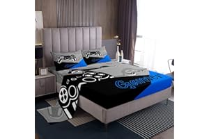 Loussiesd Juego de sábanas para niños y niñas, juego de ropa de cama para videojuegos de 3 piezas, incluye 1 sábana y 1 sábana encimera con 1 funda de almohada, color azul, negro, individual