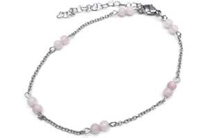 AH! JEWELLERY Vilda Jewellery Rose Quartz Anklet Slim Stainless Steel Chain with 4mm Stone Beads - Adjustable Size : 9-11 inches
