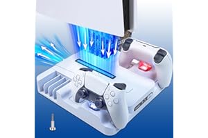 HARIKIKI Estación de Recarga Rápida del Consola PS 5 con Ventilador de Enfriamiento, Cargador Compatible con Mando Play 5, Soporte para Auriculares Gafas Cascos PS 5