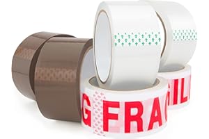 Rapesco 1687 Assortiment de Rouleaux de Ruban Adhésif d’Emballage, 50 mm de Large, Lot de 6, 2 x Marron, 2 x Transparent, 2 "FRAGILE