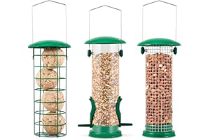 SA Products 3-Pack Metal Bird Feeder - Squirrel-Proof Hanging Bird Feeder Station for Garden, Backyard, Lawn - Set of Tube, Dense Mesh, Coarse Mesh Wild Bird Feeders for Nuts, Seeds, Fat Balls - Green