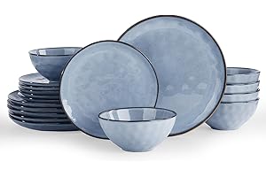 Richmount Ocean 18-Piece Dinner Set, Stoneware 3D Wave Relief Plates and Bowls Set, Dinner Sets for 6 People, Reactive Glaze Dinnerware Sets, Dishwasher&Microwave Safe, Stylish&Durable, Grayish Blue