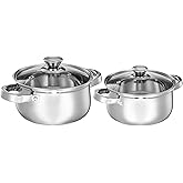 Amazon Brand - Solimo Set of 2 Stainless Steel Cook and Serve Set | Glass Lid | Dishwasher-Safe, 2L 700 ml