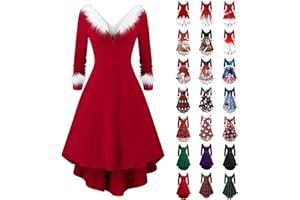 CUNHUAN Dresses for Women UK Fancy Dress Mrs Santa Claus Red Velvet A-Line V-Neck Sexy Christmas Dresses Costume Outfit Cocktail Dress for Xmas Party Cosplay