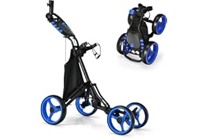 GYMAX 3/4 Wheels Golf Push Pull Cart, Lightweight Height Adjustable Golf Trolley with Storage Bag, Foot Brake, Umbrella Holder and Built-in Cooler, Foldable Golf Bag Holder