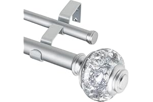 USFOOK 1 Inch Double Curtain Rods 36 to 72 Inches(3-6 ft) Single Drapery Rods for Windows 24 to 68 Inches, Telescoping Dual Curtain Rod with Silver Translucent Finials
