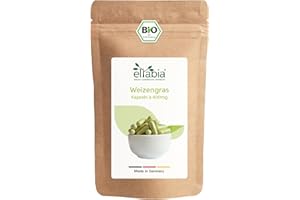 ELTABIA Capsule di erba di grano biologica, 200 pezzi, dose giornaliera da 1200 mg, polvere di grano da coltivazione tedesca, 100% pura senza additivi (DE-ÖKO-007), vegana e ideale per i viaggi