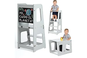 KYWAI® Torre de Aprendizaje Plegable de Madera Premium, Torre Aprendizaje 3 en 1 Convertible en Mesa y Silla – Empresa Comprometida con la Reforestación, Desde 1 Año, Escalón Ajustable (Gris Perla)