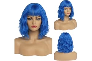BESTUNG Peluca corta azul para mujer, pelo sintético natural, pelucas azules con flecos, raíz oscura para uso diario, fiesta, cosplay (10 pulgadas, azul)