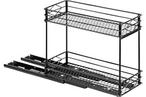 RNCOZE Portaspezie estraibile per armadio scorrevole a 2 ripiani, verticale porta bottiglie di condimento, stretto portaspezie per cucina, nero, 26,4 x 11,2 x 22,5 cm