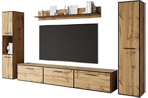 MINIO go for it - Wohnwand Wohnzimmer 4-teilig Toga, Wohnzimmer Möbel Set, 1x TV Lowboard, 2X Hochschrank, 1x Wandboard, Wohnzimmermöbel Komplett, Wohnzimmer Set - Farbe Wotan Eiche/Schwarz Farbe