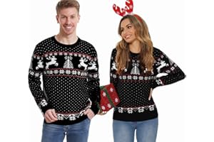 Enjyam Damski sweter bożonarodzeniowy, okrągły dekolt, długi rękaw, sweter z dzianiny z reniferem, płatkami śniegu, miękki, ciepły, norweski sweter na zimę