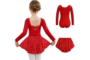 Arshiner Vêtements de Ballet pour Filles en Coton Dos Nu, Robe de Danse, Justaucorps de Danse à Manches Longues avec Jupe irrégulière en Mousseline de Soie, Justaucorps de Danse Tutu 2-10 Ans