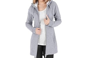 Vancavoo Damska kurtka polarowa, długa kurtka zimowa, bluza z kapturem, zapinana na zamek błyskawiczny, luźna kurtka, jednokolorowa, długi płaszcz, kardigan, odzież wierzchnia z kieszeniami