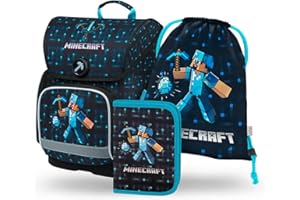 Baagl Schulranzen Jungen Mädchen Set 3 Teilig, Ergo Schultasche für 1. Klasse, Ergonomische Grundschule Ranzen Tornister mit Brustgurt (Minecraft Blue Axe)