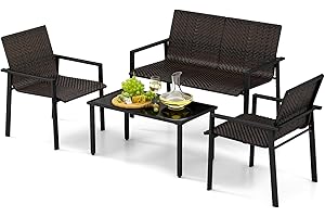 GIANTEX Gartenlounge Outdoor Möbelsets, Garten Lounge Gartenmöbel Set Polyrattan, 4 tlg. Terrassenmöbel, Sitzgruppe 4 Personen Tisch 2 Stühle Sitzbank, Balkonmöbel Kleiner Balkon, Balkonset Wetterfest