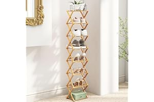 JF HOME BLISS Folding Shoe Storage Rack 8 Tier Vertical Shoe Rack Bamboo Freestanding Organiser No Assembly Slim Narrow Storage Shelf for Small Spaces Hallway Bedroom Entryway Corne (Wood Colour)