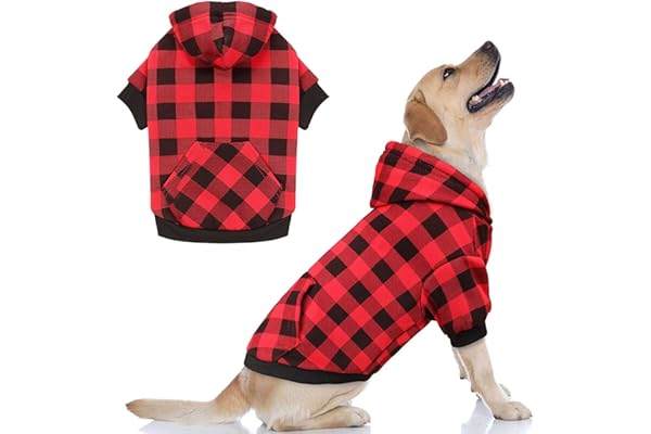KUTKUT Dog Hoodie British Style Plaid Pet Sweaters with Hat Fleece Cold Weather Dog Hoodies with Pocket Windproof Pullover Pet Winter Sweatshirts for Large Dogs (Size: XL),Black Red,1 count