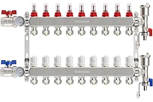 Vancoco Heizkreisverteiler Edelstahl für 9 Heizkreise mit Eurokonus 3/4 (16 x 2 mm), Fußbodenheizung Verteiler mit Durchflussmesser, Schnellentlüfter Set, 1" Kugelhähne und Klemmringverschraubung