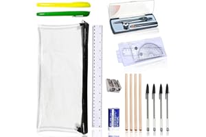 TEARMIER 18 PCS Back to School Stationery Set, Maths Sets For Secondary School, Assorted Stationery Pack with 4 Graphite Pencils, 4 Pens, 2 Highlighter, Eraser & Sharpener, Compass, Pencil Case