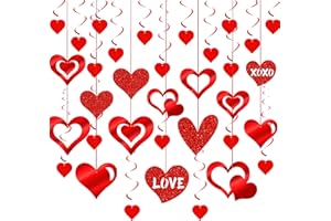 Gibocot 30pcs Valentine's Day Hanging Decors Includes 16pcs Glitter Hollow Love Heart Garlands & 14pcs Red Hanging Swirls for Valentines Anniversary Wedding Bridal Shower Ceiling Decorations