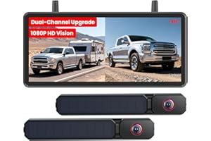 AUTO-VOX Dual Caméra de Recul Sans Fil Solaire : Deux Caméras pour Large Couverture, écran HD 7,2" Split-Screen, Double Antenne, DVR, Caméra de Recul IP69K pour Camping-Car, Camion, Caravane, Remorque