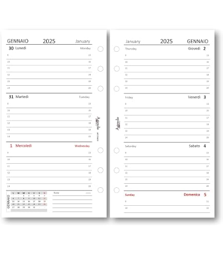 Refill Agenda Hebdomadaire 2025 - Format A5 15x21cm 6 Trous, Blanc, Multilingue
