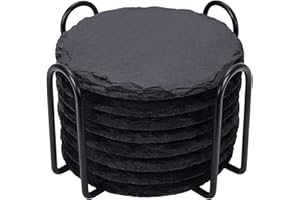 Slate Drink Coasters with Metal Holder, GOH DODD Set of 8 Black Coasters, 4 Inch Stone Coaster Set Coffee Table Decor Tabletop Protection for Home Office Kitchen Apartment, Round