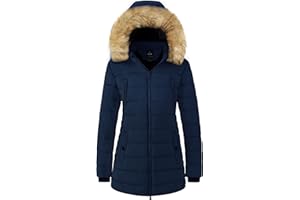Wantdo Chaqueta de Abrigo Cálido de Invierno Parka Mediana Larga A Prueba de Viento con Capucha de Piel Desmontable Chaqueta Impermeable de Ajuste Delgado para Mujer