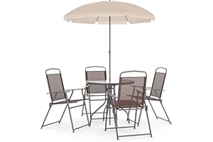 Flash Furniture Nantucket Garten-Set, 6-teilig, Braun, mit Tisch, Sonnenschirm und 4 Klappstühlen